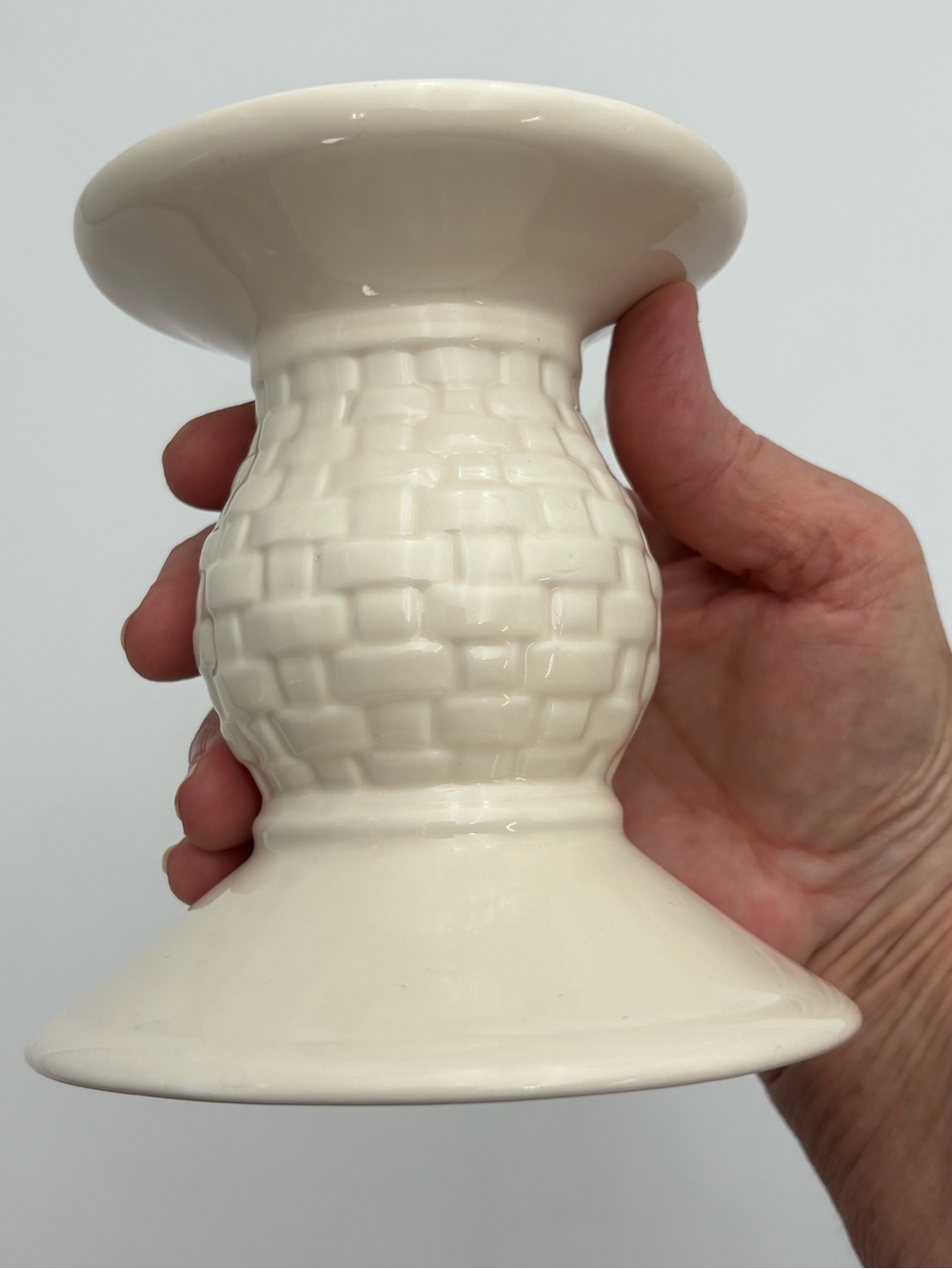 Vintage Ivory Longaberger “Woven Traditions” Ceramic Pillar Candlestick Holder